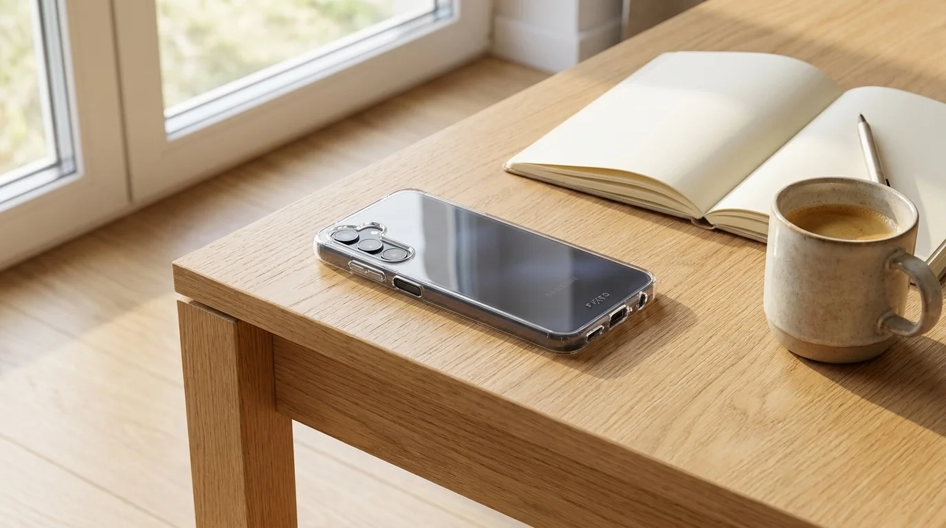 Telefon Samsung Galaxy A25 v průhledném pouzdře FIXED ležící na dřevěném stole vedle hrnku s kávou a zápisníku.