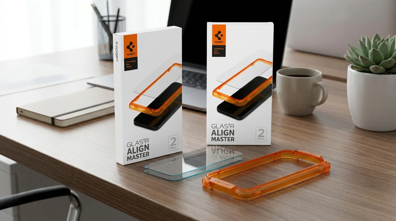 Krabičky Spigen Glas.tR AlignMaster, ochranná skla a oranžový instalační rámeček položené na stole.