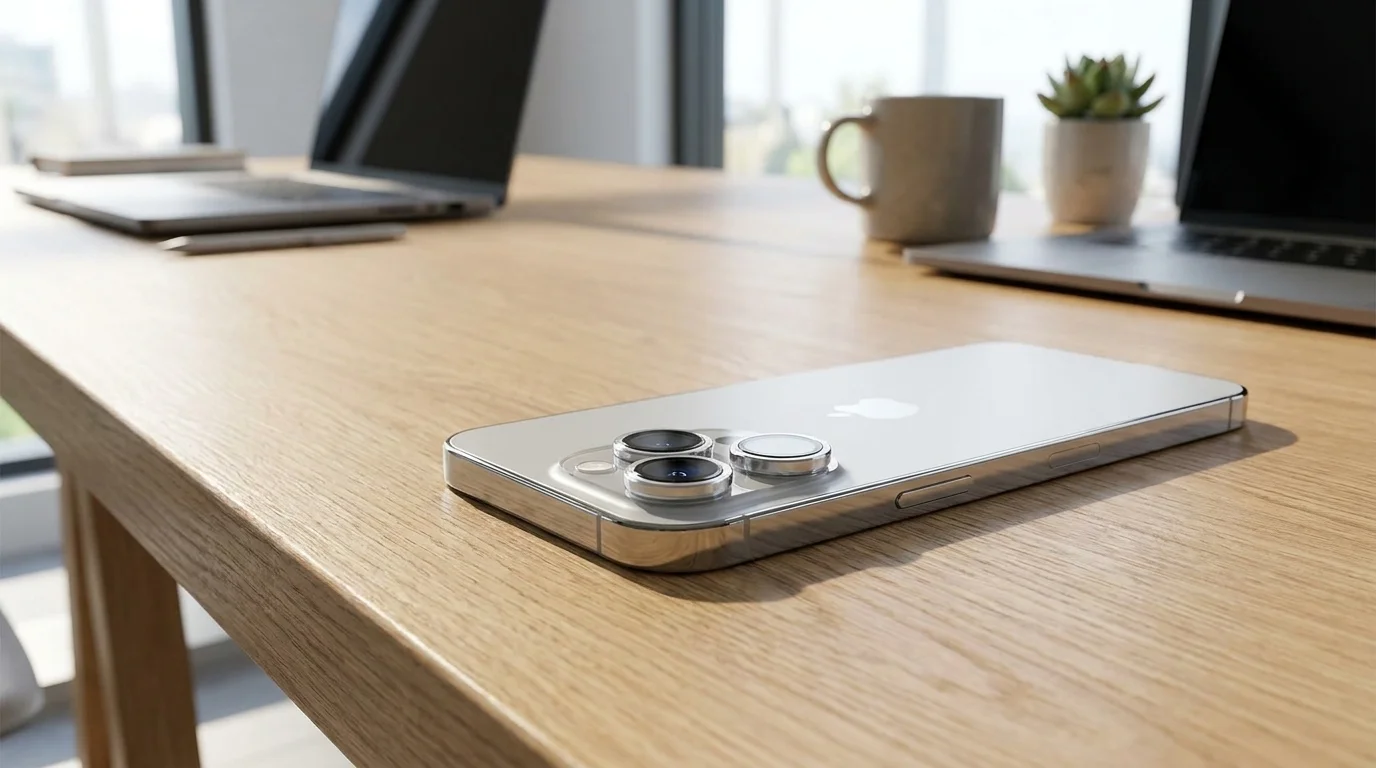 Ochranná skla FIXED Camera Glass na fotoaparátu stříbrného telefonu Apple iPhone ležícího na dřevěném stole.