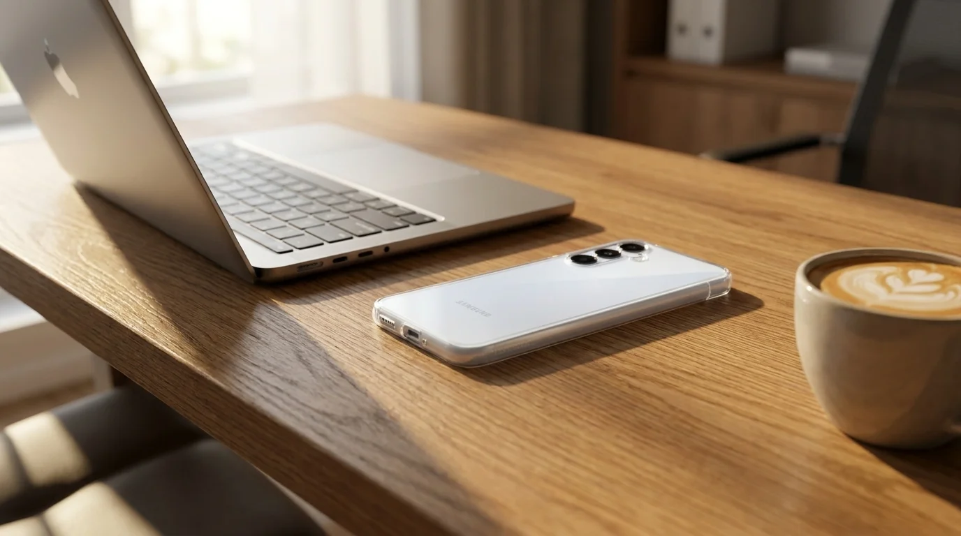 Telefon Samsung Galaxy A16 v průhledném ochranném krytu leží na dřevěném stole vedle notebooku a šálku kávy.