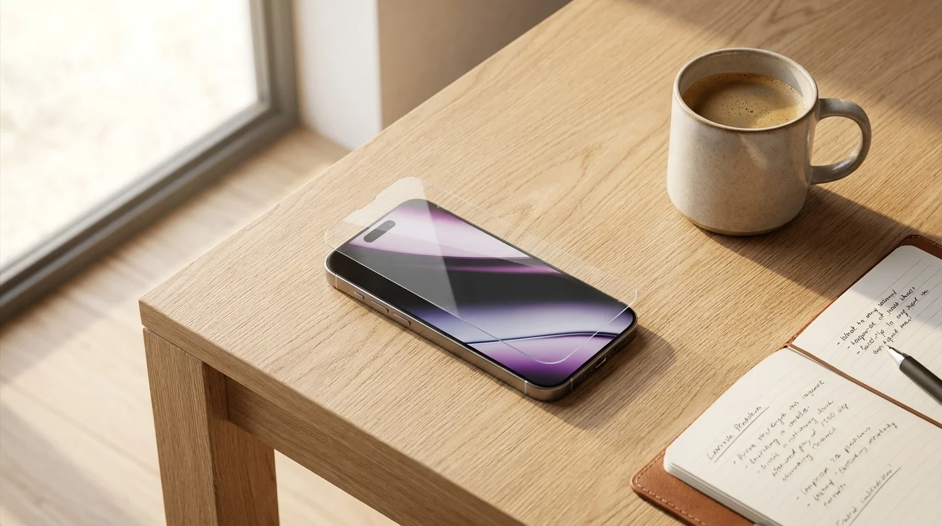 Ochranné sklo Epico při aplikaci na displej telefonu iPhone na dřevěném stole vedle hrnku s kávou a zápisníku.