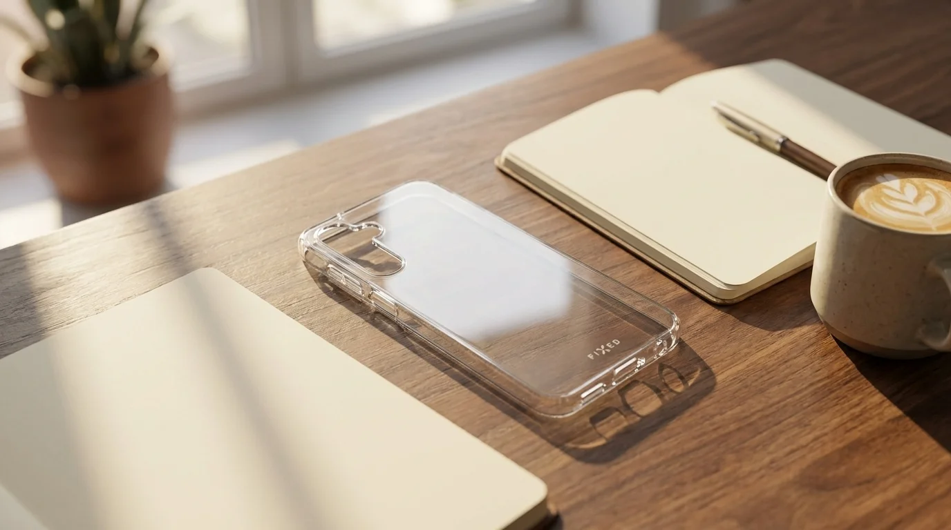Čirý TPU kryt FIXED pro Samsung Galaxy A16 položený na dřevěném stole vedle otevřeného zápisníku a šálku kávy.