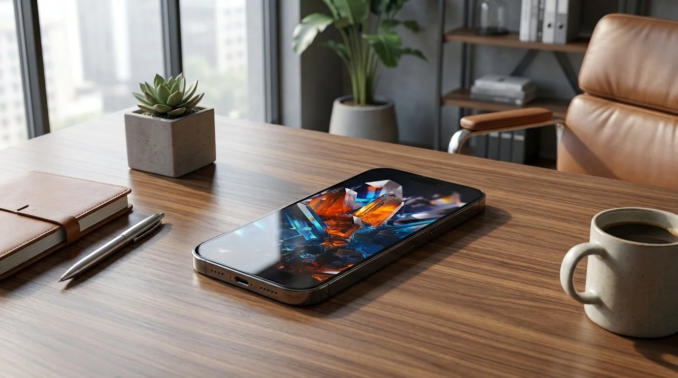 Apple iPhone 16 Pro Max s ochranným sklem FIXED Armor položený na dřevěném pracovním stole vedle šálku a zápisníku.
