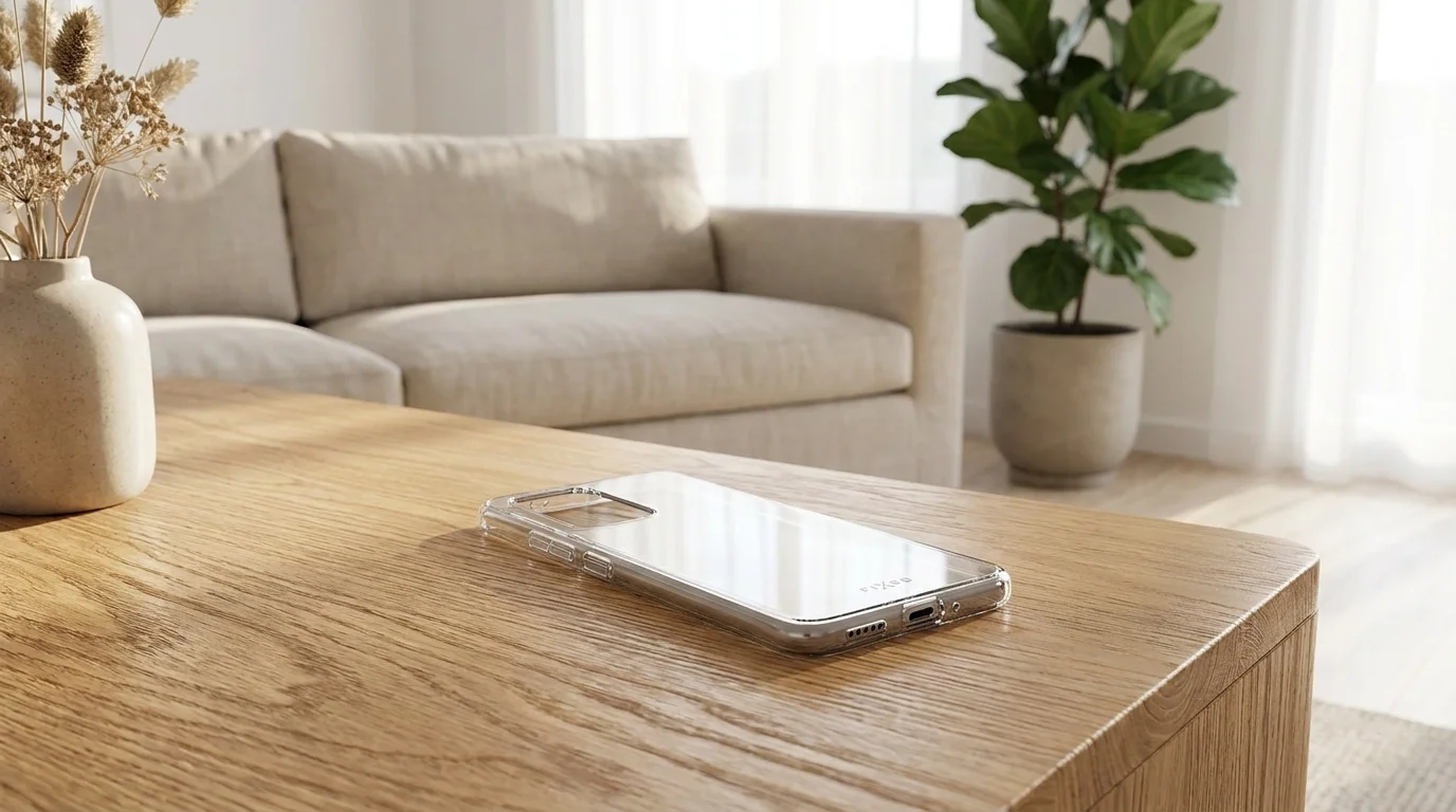 Čiré pouzdro FIXED pro Xiaomi 13 Lite položené na dřevěném stolku v obývacím pokoji.