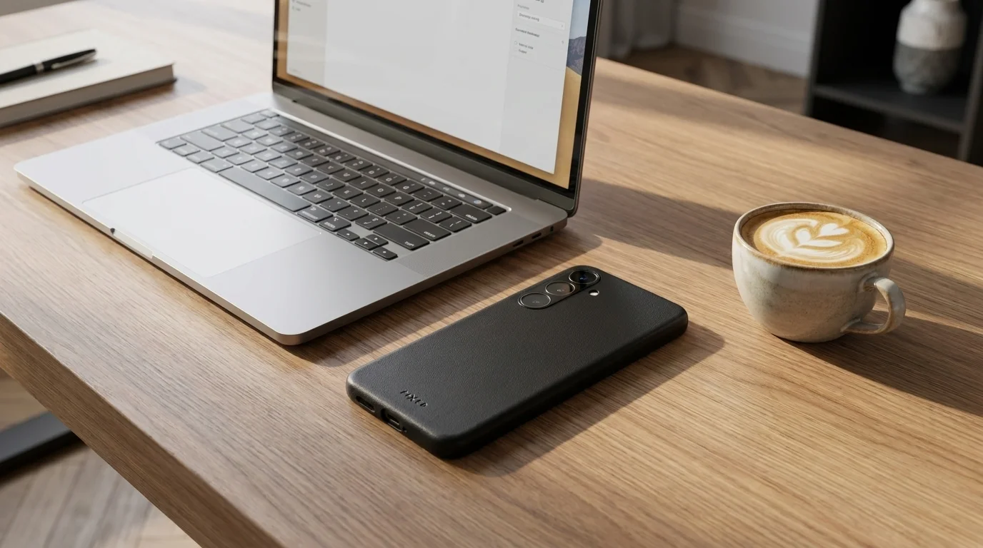 Černé kožené pouzdro FIXED MagLeather na telefonu leží na dřevěném stole vedle otevřeného notebooku a šálku kávy.