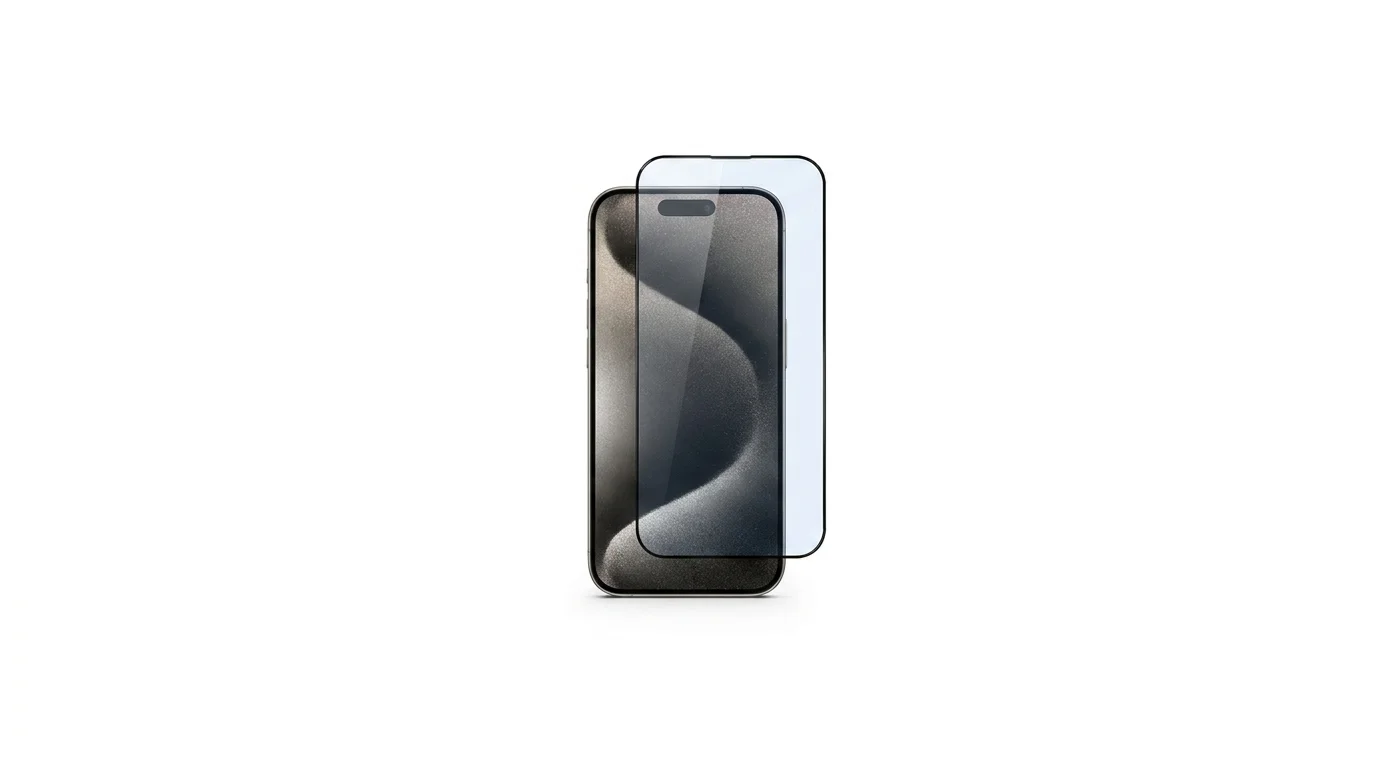Ochranné sklo Epico Glass s tenkým černým rámečkem zobrazené před displejem telefonu iPhone.