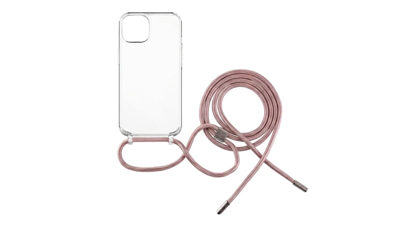 Průhledný kryt FIXED Pure Neck pro iPhone 15 Plus doplněný nastavitelnou růžovou šňůrkou s kovovými koncovkami.