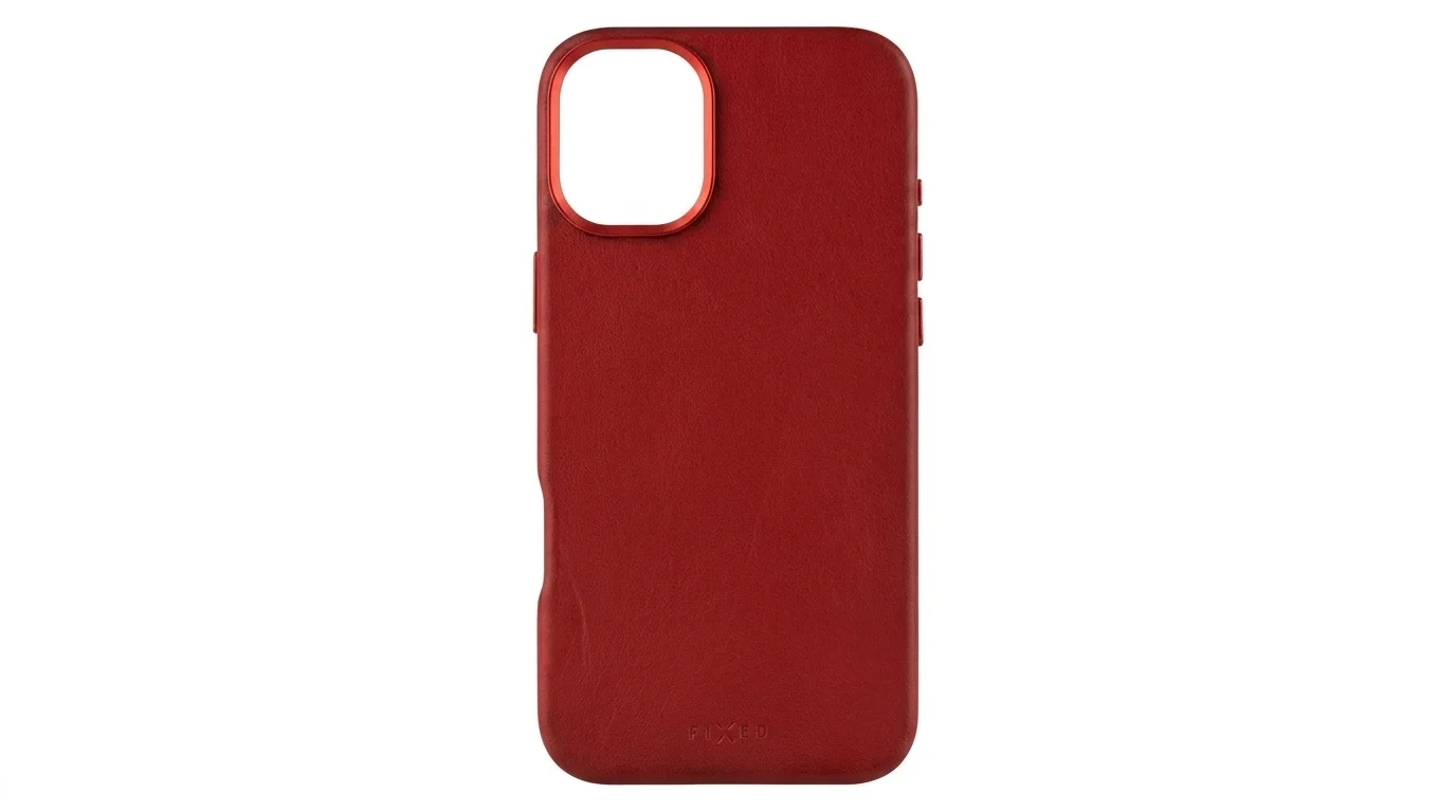 Červený kožený kryt FIXED MagLeather pro iPhone 16 Plus s výřezem na fotoaparát a vyraženým logem.