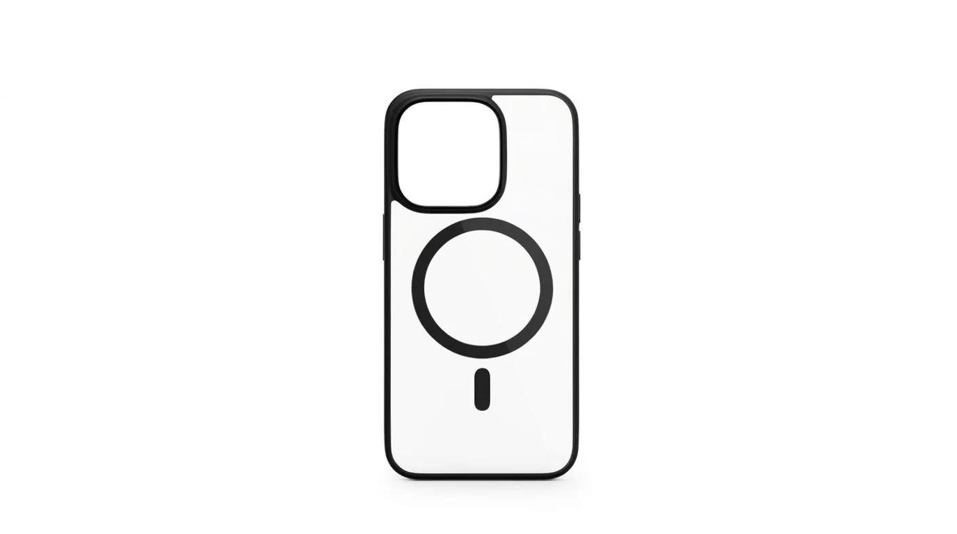 Průhledný zadní kryt Epico Hero MagSafe pro iPhone 14 Pro Max s černým rámečkem a magnetickým kroužkem pro MagSafe.