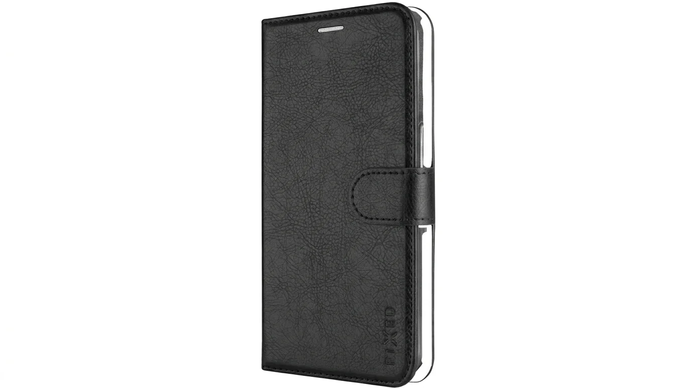 Zavřené černé flipové pouzdro FIXED Opus pro Vivo V40 s magnetickým zavíráním z PU kůže.