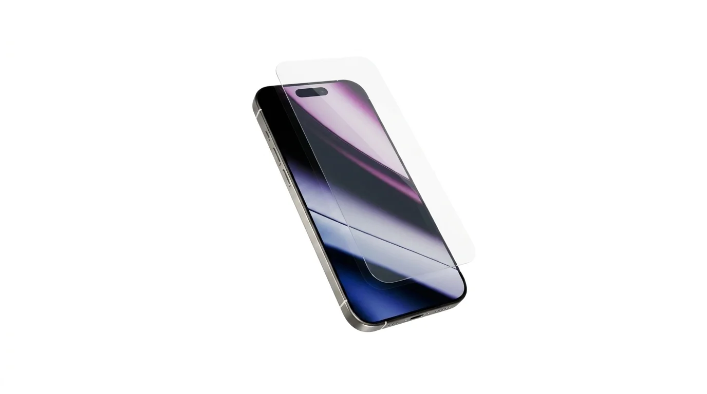 Průhledné ochranné sklo Epico Glass nad rozsvíceným displejem telefonu iPhone 16 Pro.