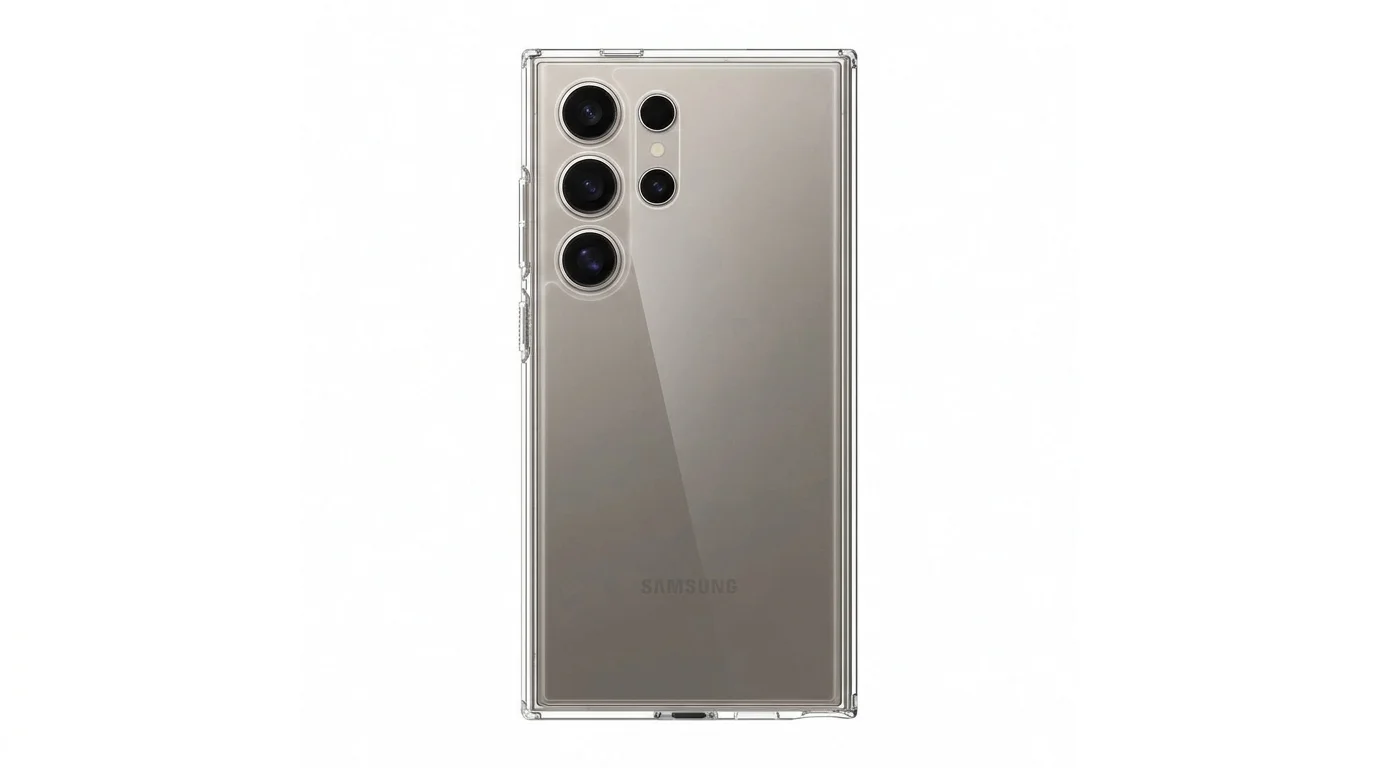 Zadní strana telefonu Samsung Galaxy S24 Ultra v čirém ochranném krytu Spigen Ultra Hybrid.