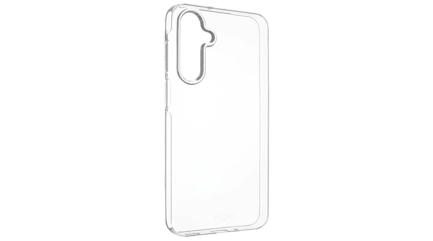Průhledné tenké TPU pouzdro FIXED pro telefon Samsung Galaxy A16 s výřezem pro fotoaparát na bílém pozadí.