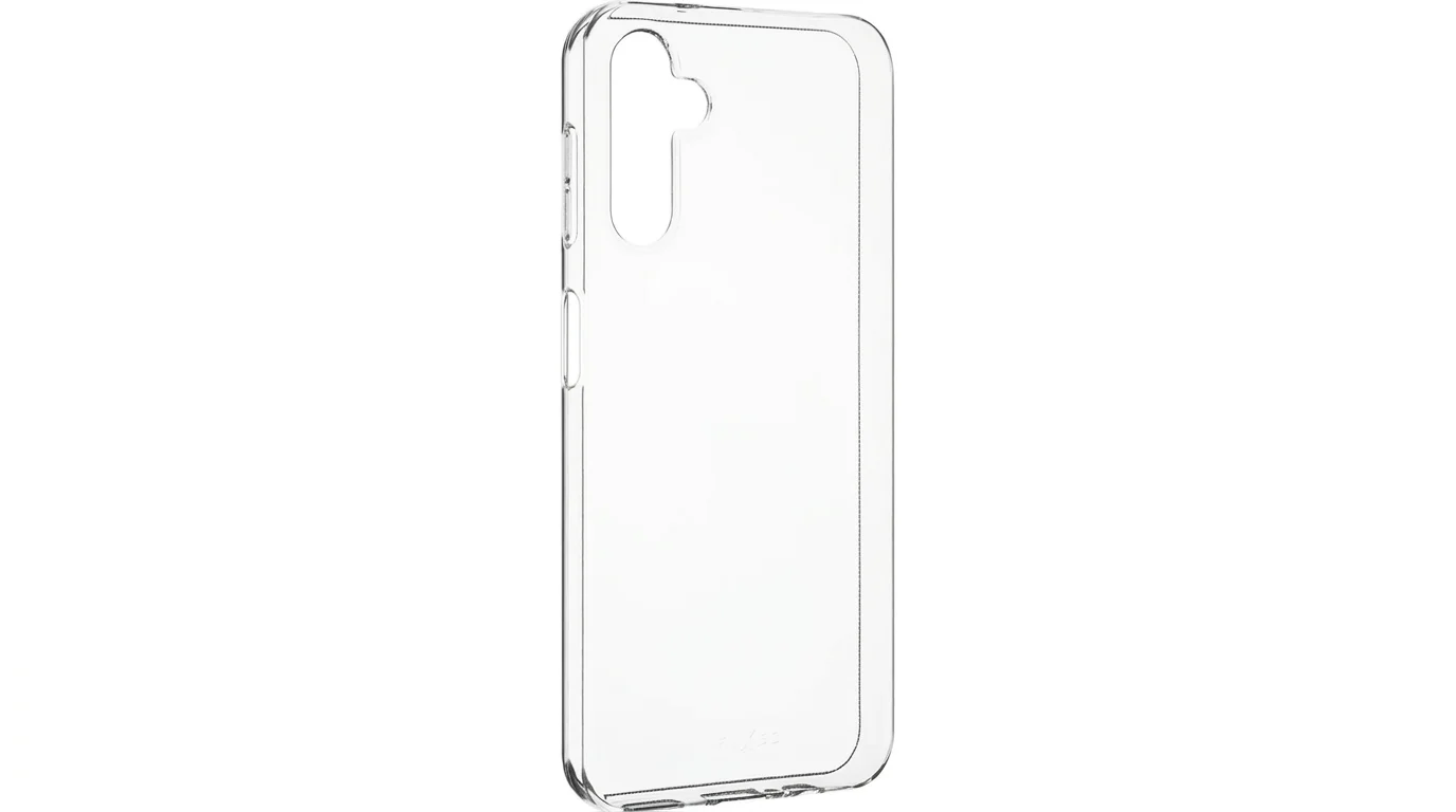 Čiré gelové pouzdro FIXED AntiUV TPU pro Galaxy A14 zobrazené zezadu z mírného úhlu.