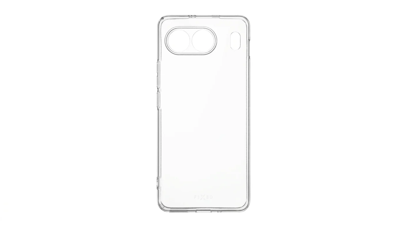 Plně transparentní zadní kryt FIXED na telefon OnePlus Nord 4 s výřezy pro fotoaparát a blesk.
