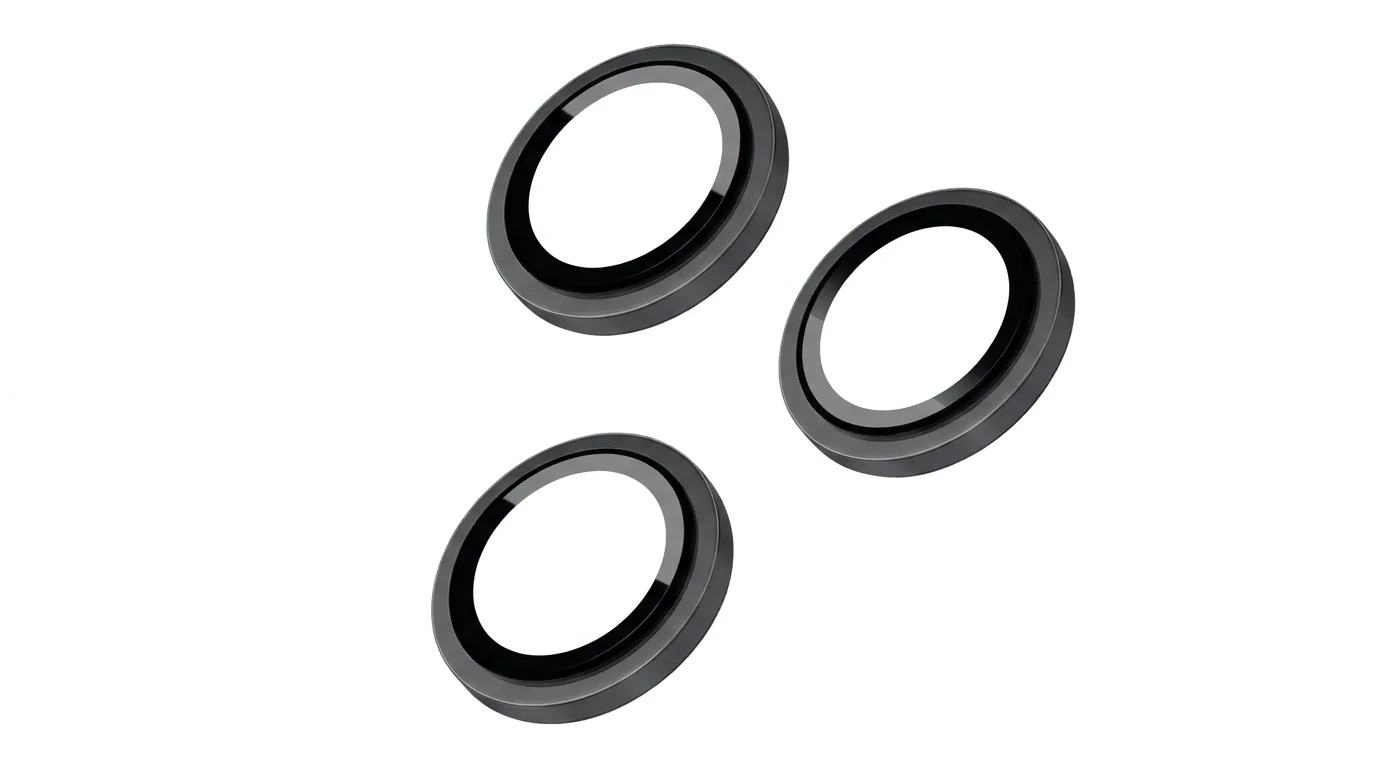 Tři ochranná skla FIXED Camera Glass s šedým rámečkem pro čočky fotoaparátu iPhone 15 Pro a 15 Pro Max.