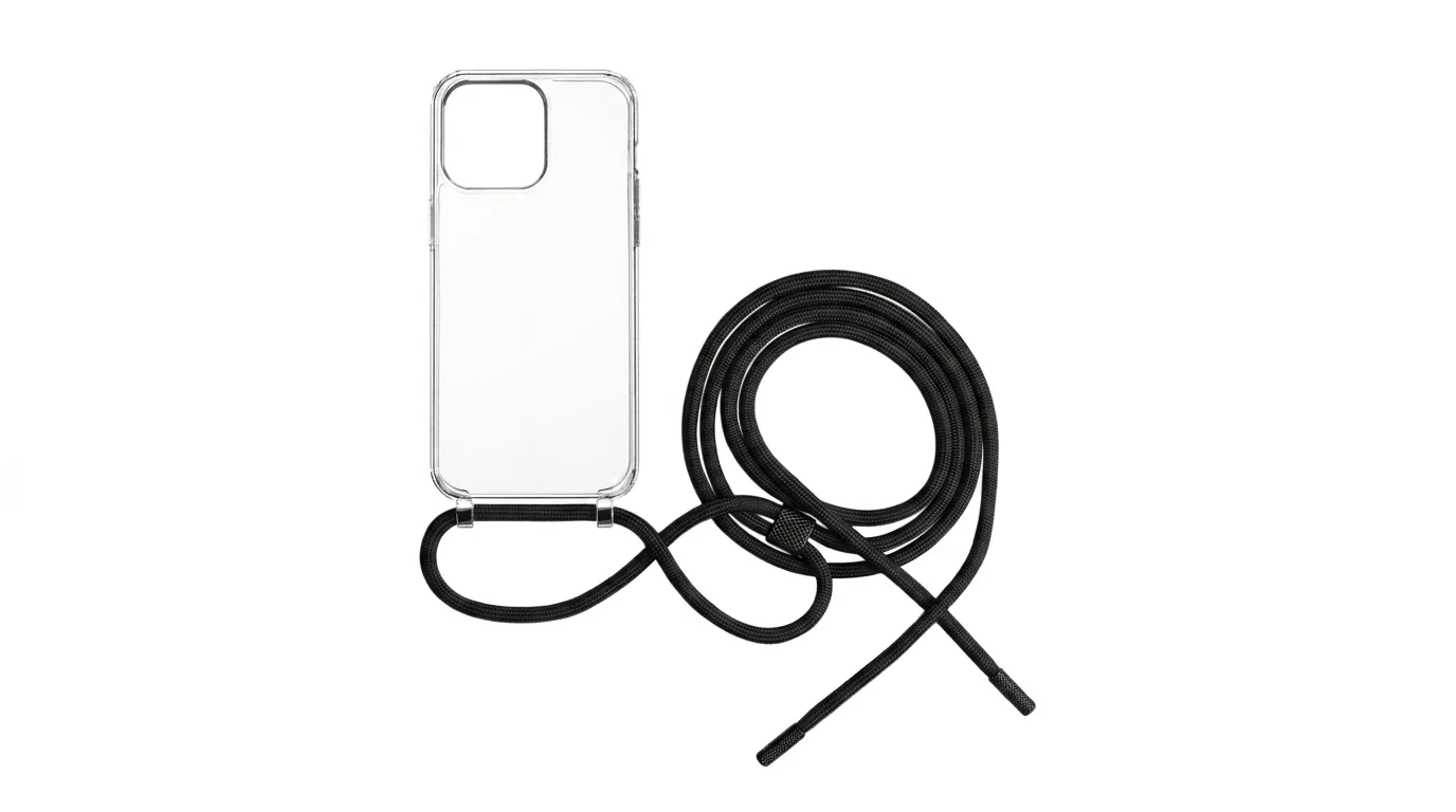 Průhledný kryt FIXED Pure Neck pro iPhone 15 Pro Max s černou nastavitelnou šňůrkou na krk.