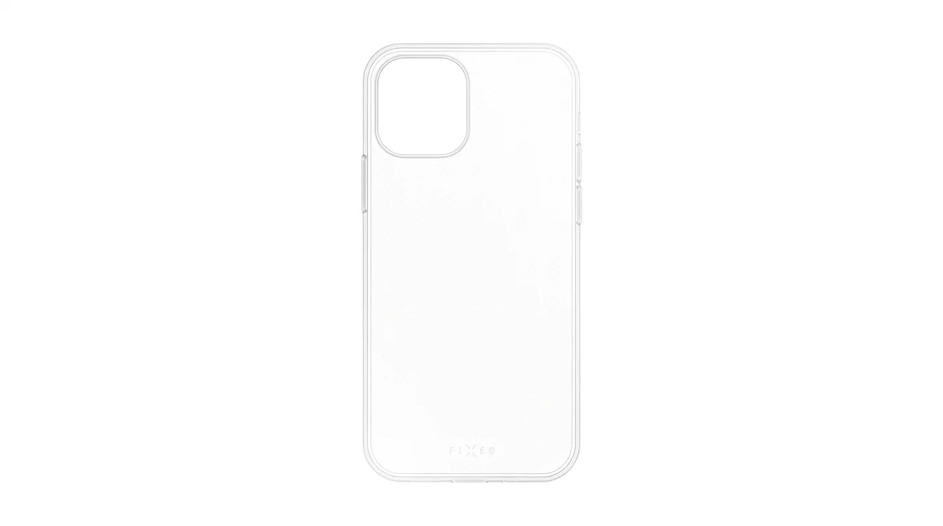 Čiré gelové pouzdro na mobil FIXED s výřezem pro fotoaparát na bílém pozadí.