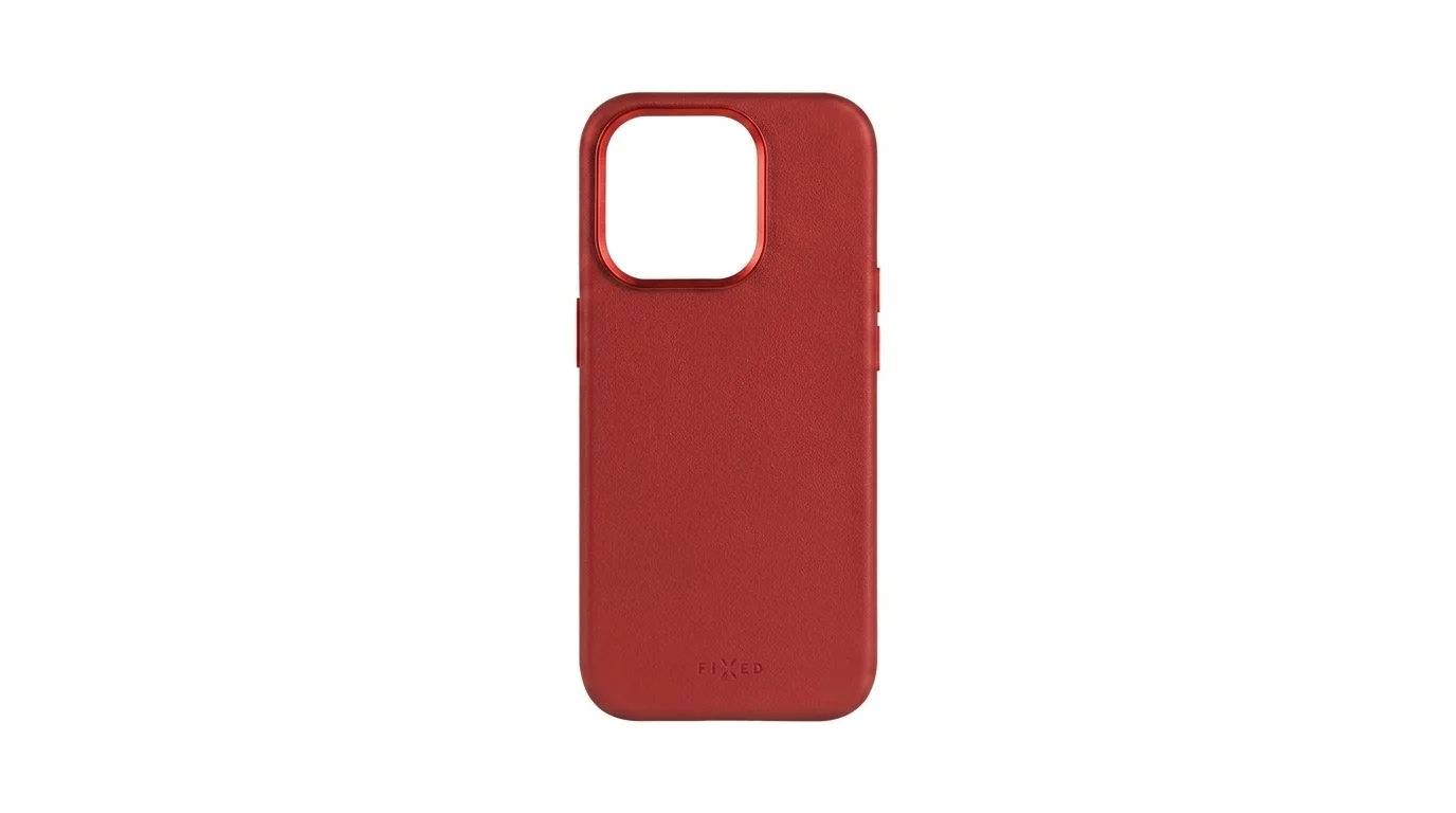 Červený kožený kryt FIXED MagLeather pro iPhone 15 Pro Max s vyvýšeným rámečkem pro fotoaparát.