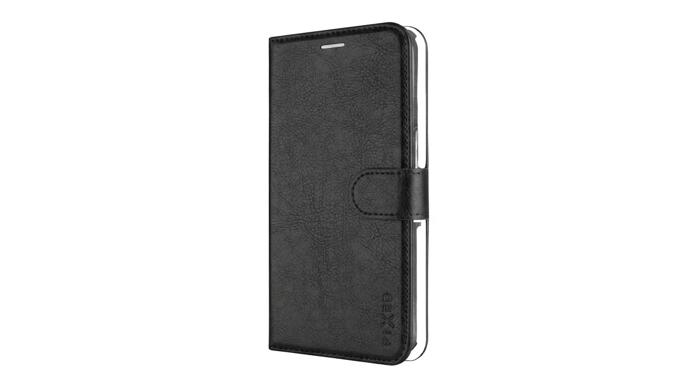 Černé flipové pouzdro FIXED Opus pro Samsung Galaxy A06 se zavíráním na magnetickou sponu.