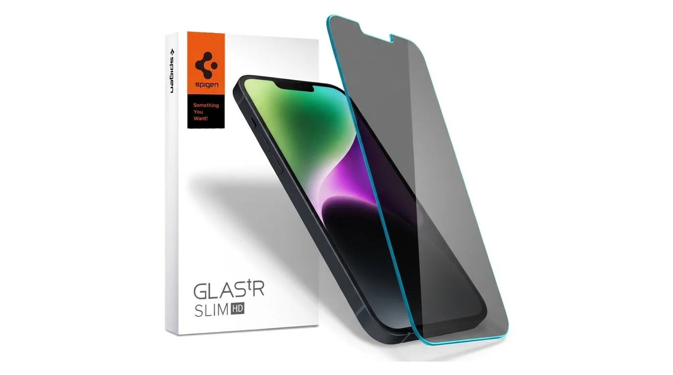 Krabička Spigen GLAS.tR Slim HD a ztmavené ochranné sklo před displejem telefonu iPhone.