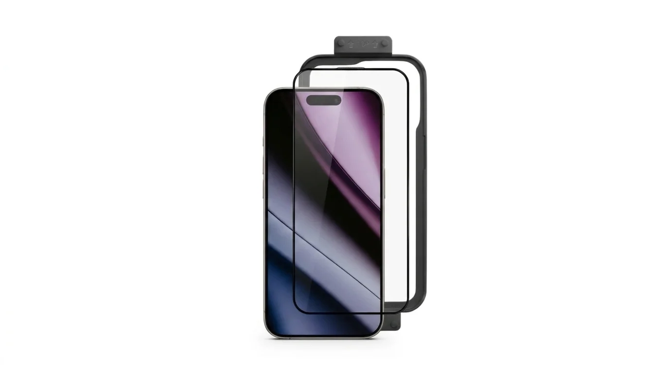 Ochranné sklo Epico Hero 3D Glass s instalačním rámečkem připravené k aplikaci na iPhone 16 Pro Max.