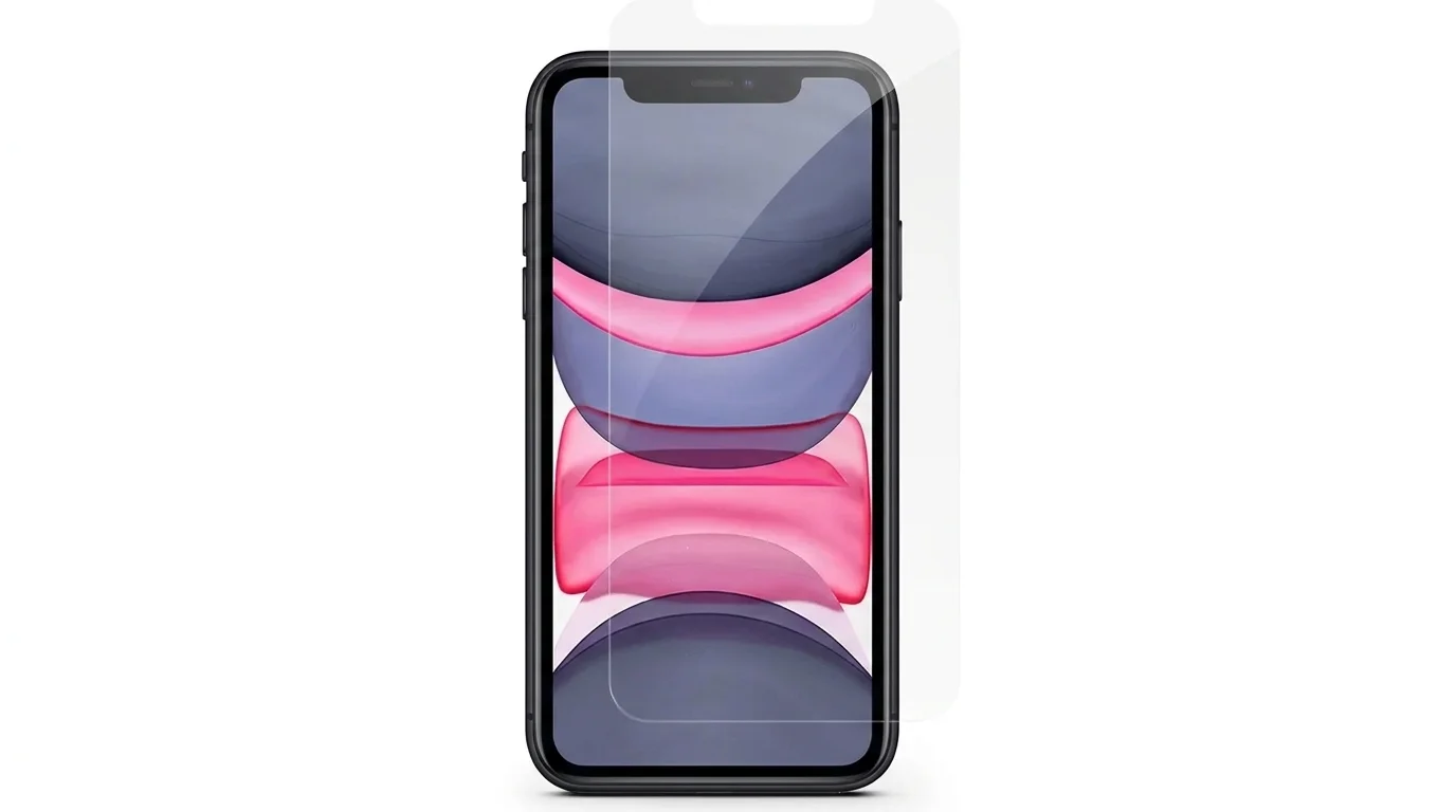 Průhledné ochranné sklo Epico se zaoblenými okraji zobrazené nad displejem telefonu iPhone.