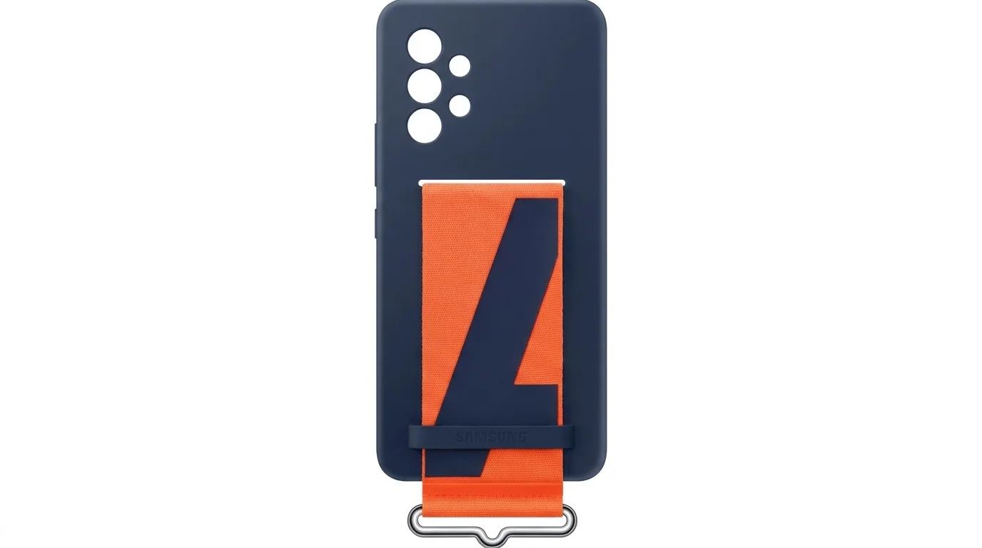 Tmavě modrý silikonový kryt pro Samsung Galaxy A53 5G s oranžovým zadním popruhem a kovovou sponou.