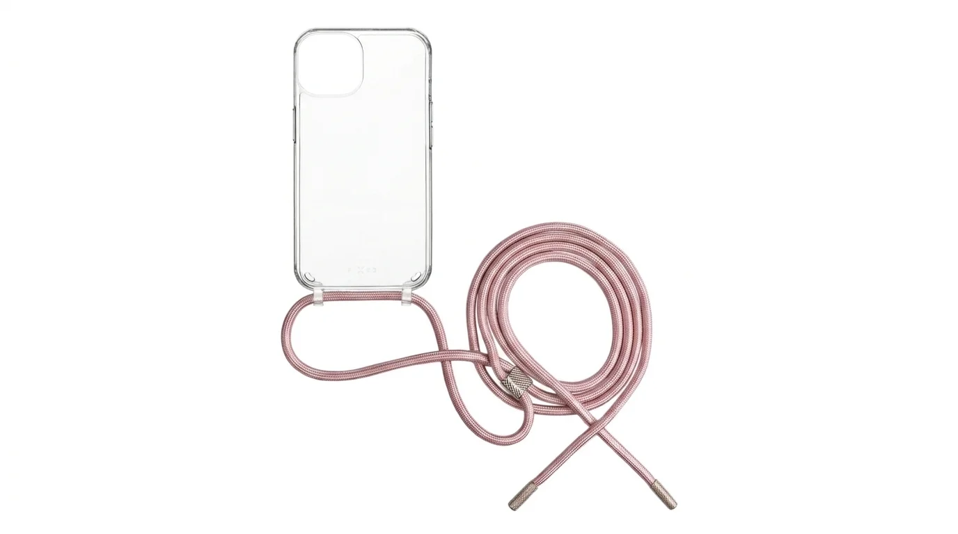 Průhledný kryt FIXED Pure Neck na telefon s připevněnou nastavitelnou růžovou šňůrkou s kovovými koncovkami.