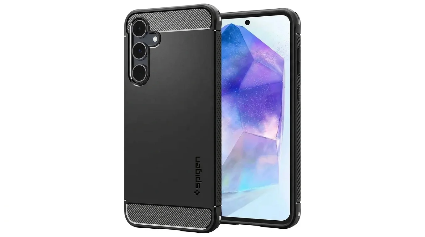 Černý kryt Spigen Rugged Armor na telefonu Samsung Galaxy A55 s matným povrchem a karbonovými detaily z přední i zadní strany.