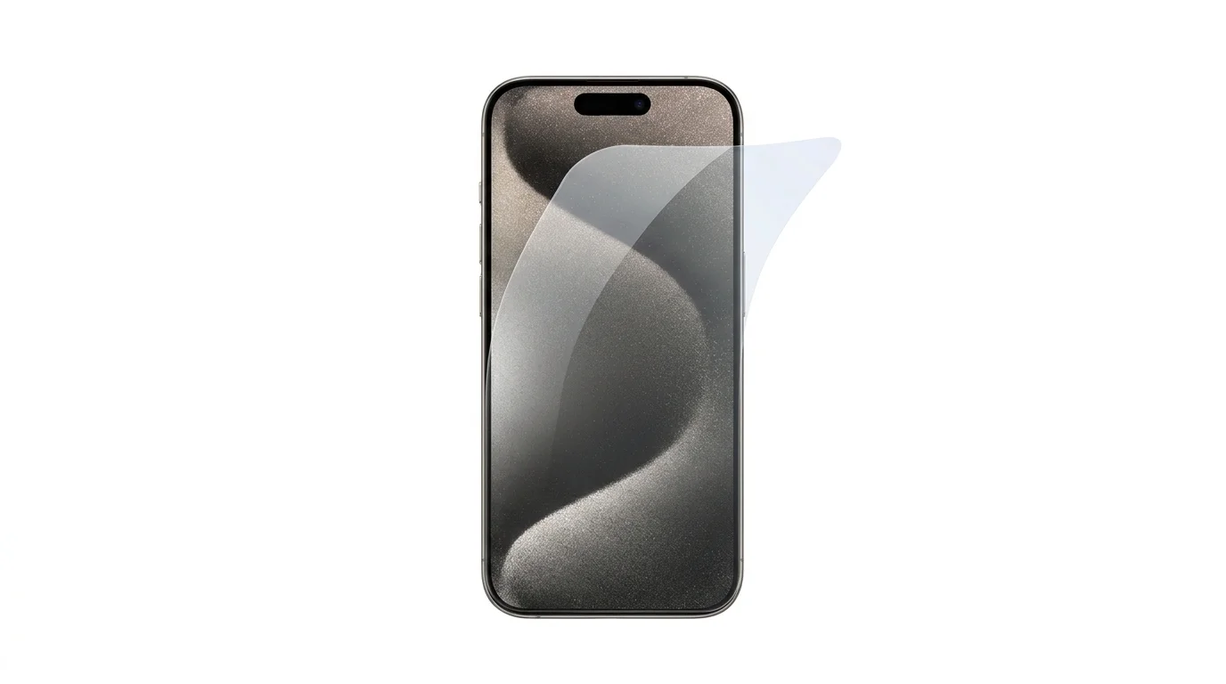 Průhledné flexibilní ochranné sklo Epico FlexiGlass prohnuté nad displejem telefonu iPhone 16 Pro.