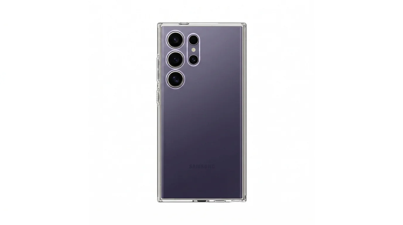 Zadní strana telefonu Samsung Galaxy S24 Ultra v čirém ochranném krytu Spigen Liquid Crystal.