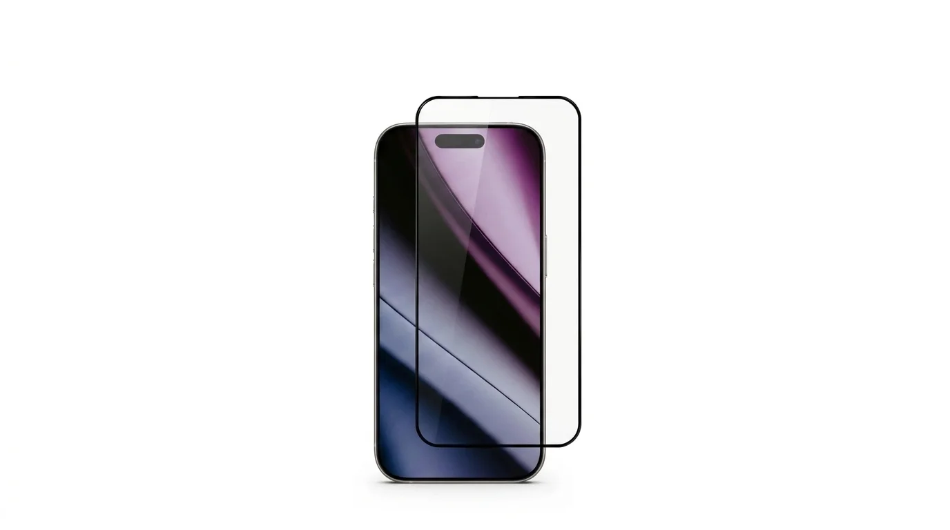 Ochranné sklo s černým okrajem zobrazené před displejem telefonu iPhone 16.