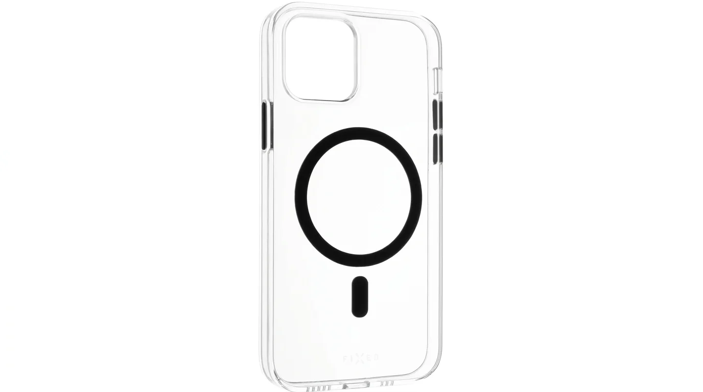 Transparentní kryt na mobil FIXED MagPurity pro iPhone 15 Pro s černým magnetickým kruhem MagSafe.