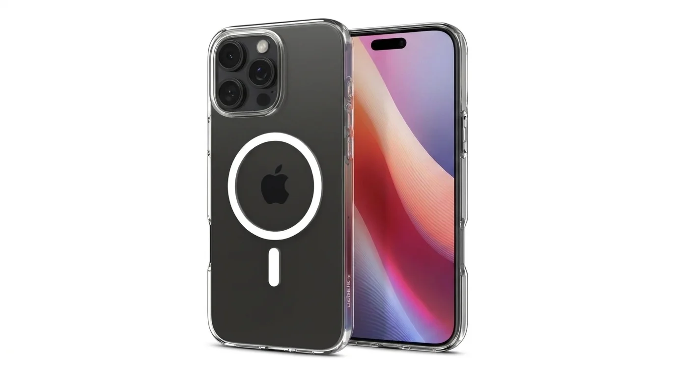 Čirý kryt Spigen Liquid Crystal MagSafe s magnetickým kroužkem na telefonu iPhone 16 Pro Max z přední a zadní strany.