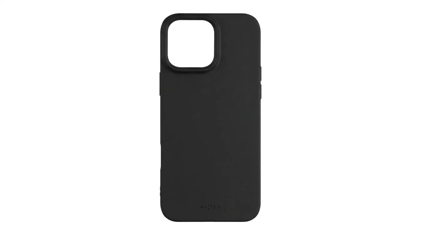 Zadní strana černého krytu FIXED pro iPhone 16 Pro Max s výřezem na fotoaparát a logem značky.