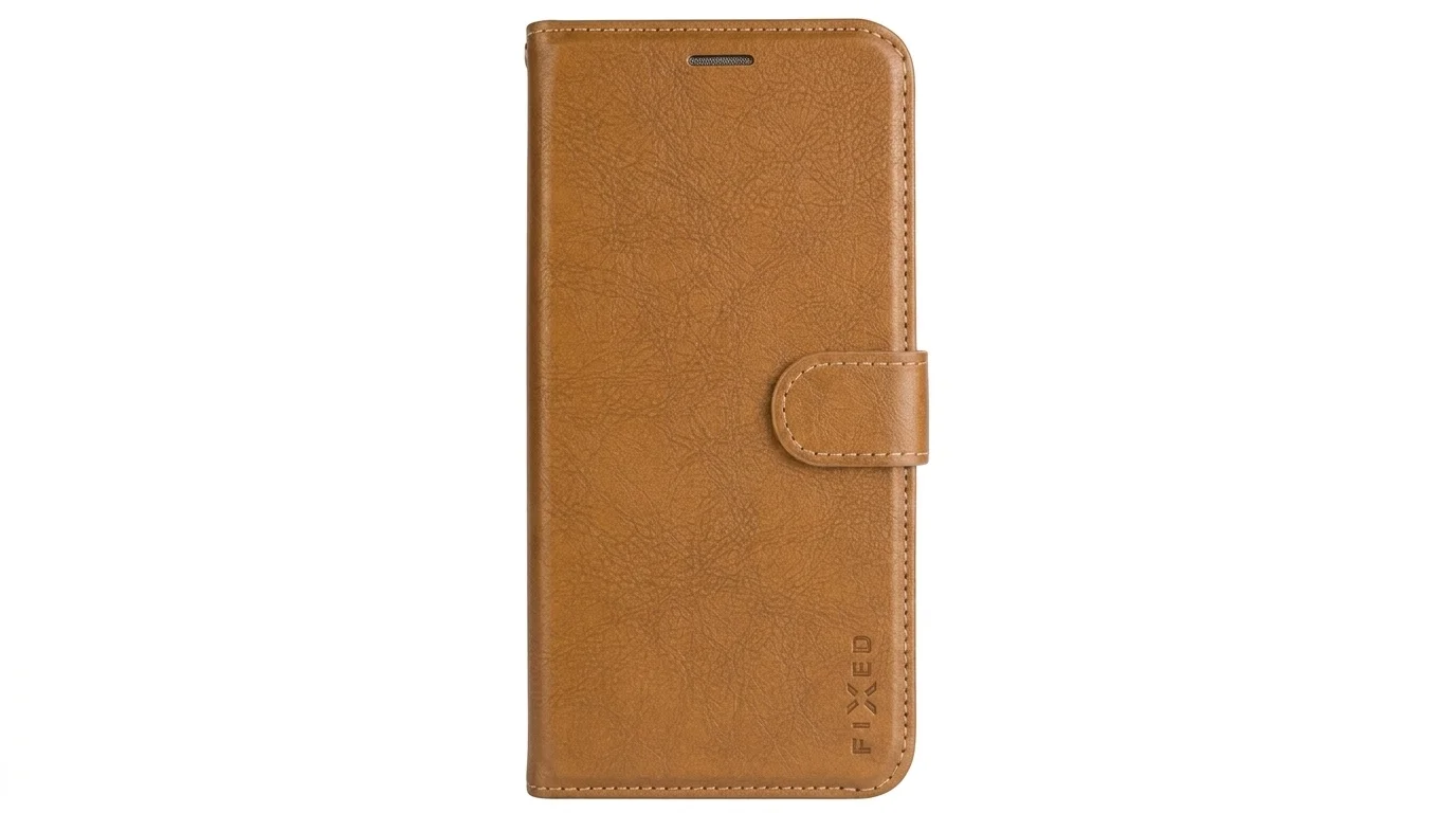 Hnědé flipové pouzdro FIXED Opus pro Samsung Galaxy A55 5G s magnetickým zapínáním na boku.