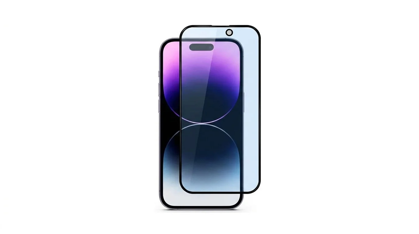 Ochranné sklo Epico s filtrem modrého světla a černým rámečkem před displejem telefonu iPhone.