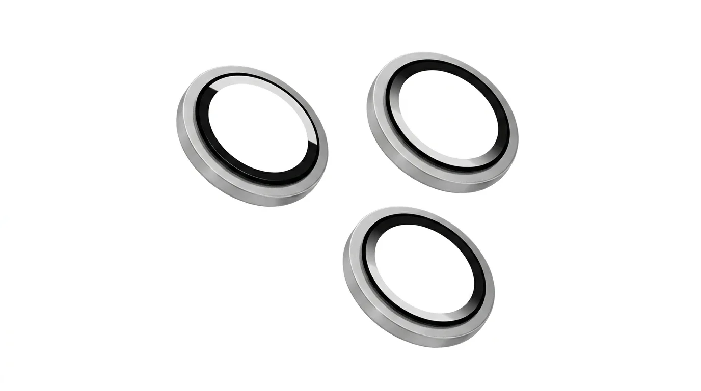 Tři samostatná ochranná sklíčka FIXED Camera Glass se stříbrnými hliníkovými kroužky pro objektivy iPhone 16 Pro a Pro Max.