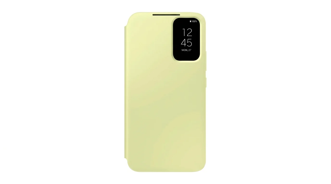 Zavřené limetkové pouzdro Samsung Smart View Wallet pro Galaxy A34 s malým okénkem zobrazujícím čas.