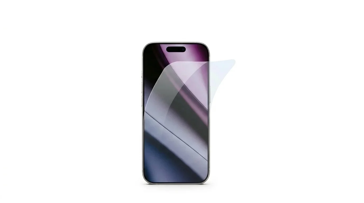 Pružné průhledné ochranné sklo Epico FlexiGlass ohýbající se nad displejem telefonu iPhone 16 Pro Max.