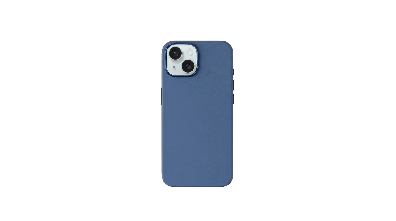 Zadní strana modrého krytu Epico MagLeather nasazeného na telefonu iPhone 15 s výřezem pro fotoaparát.