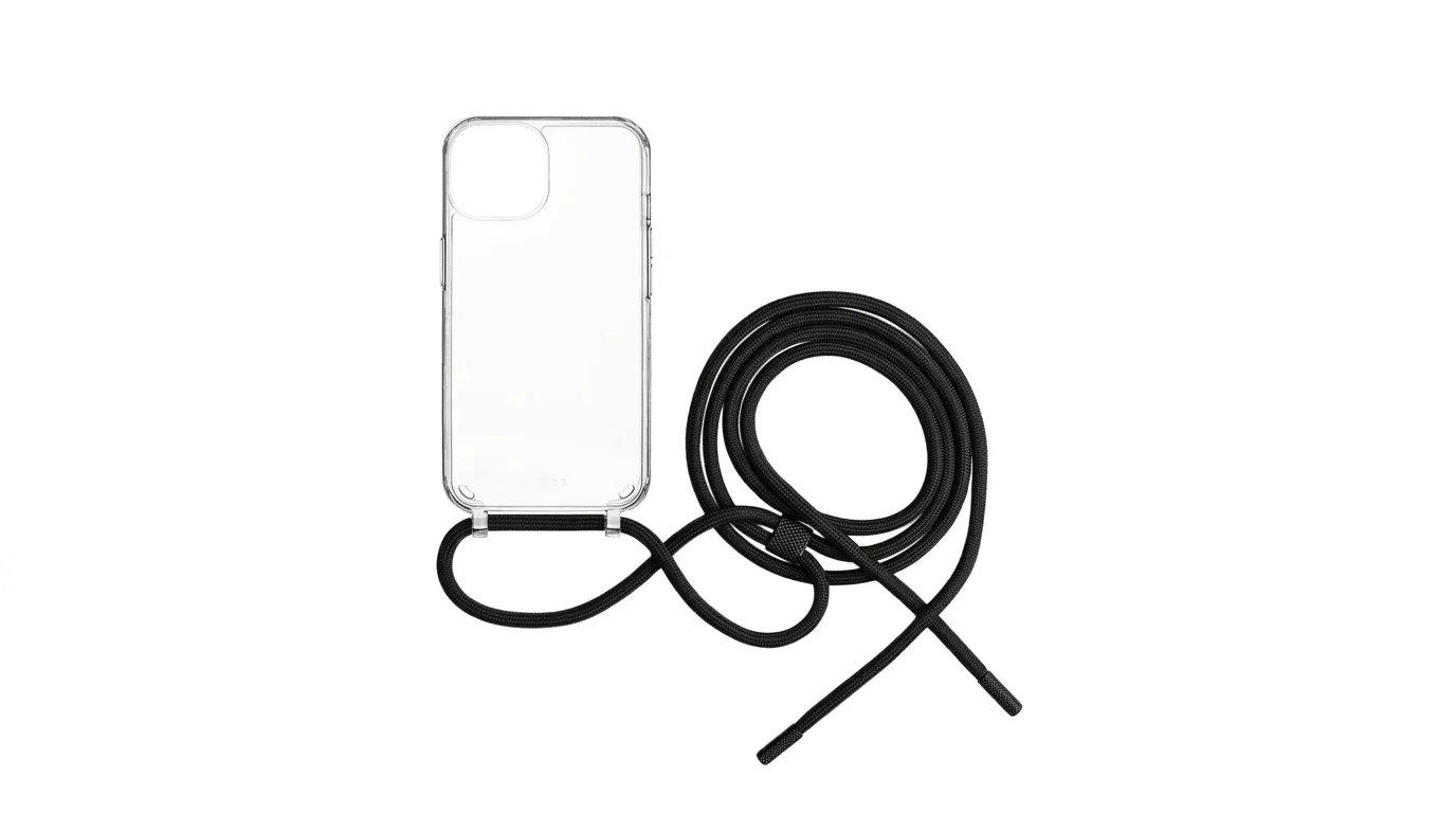 Průhledný kryt FIXED PureNeck pro iPhone 15 Plus s připevněnou černou šňůrkou na krk.