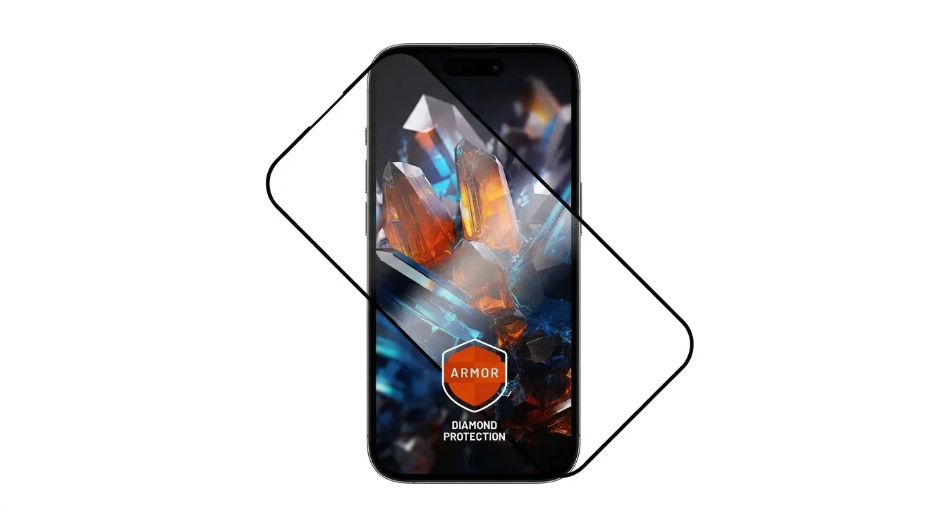 Ochranné sklo FIXED Armor s tenkým černým rámečkem natočené šikmo přes displej telefonu iPhone 15 Pro.