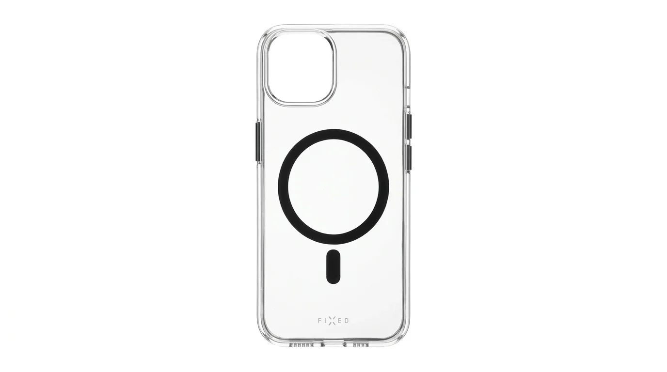 Průhledný kryt FIXED MagPurity pro iPhone 14 s černým MagSafe kroužkem a černými krytkami tlačítek.