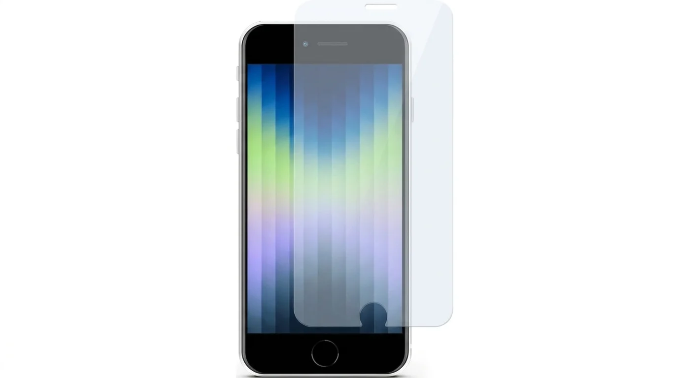 Průhledné ochranné sklo Epico s výřezy umístěné nad displejem černého telefonu iPhone SE.