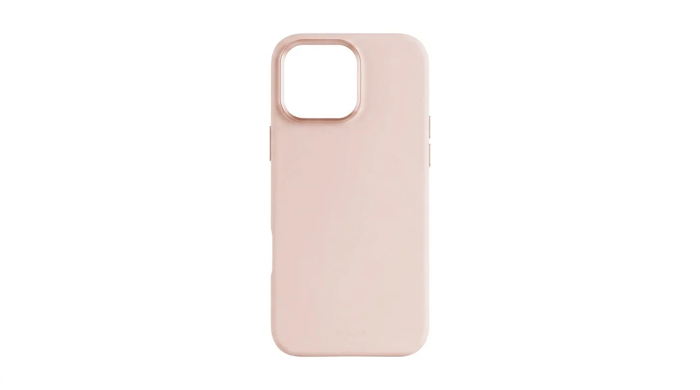 Růžový silikonový zadní kryt FIXED MagFlow pro iPhone 16 Pro Max se zvýšeným rámečkem pro fotoaparát.