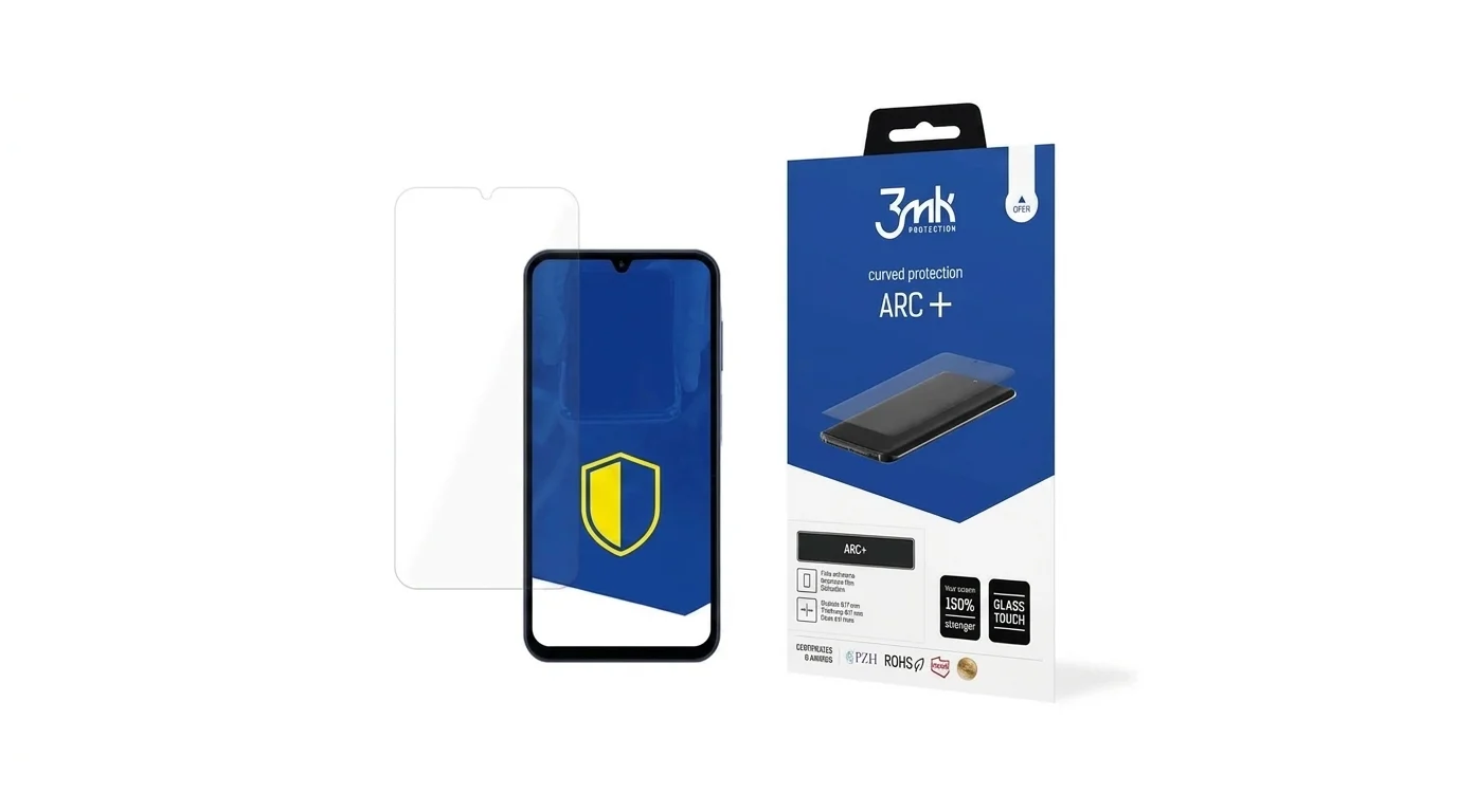 Ochranná fólie 3mk ARC+ pro Samsung Galaxy A15 5G, smartphone se symbolem štítu na displeji a originální balení.