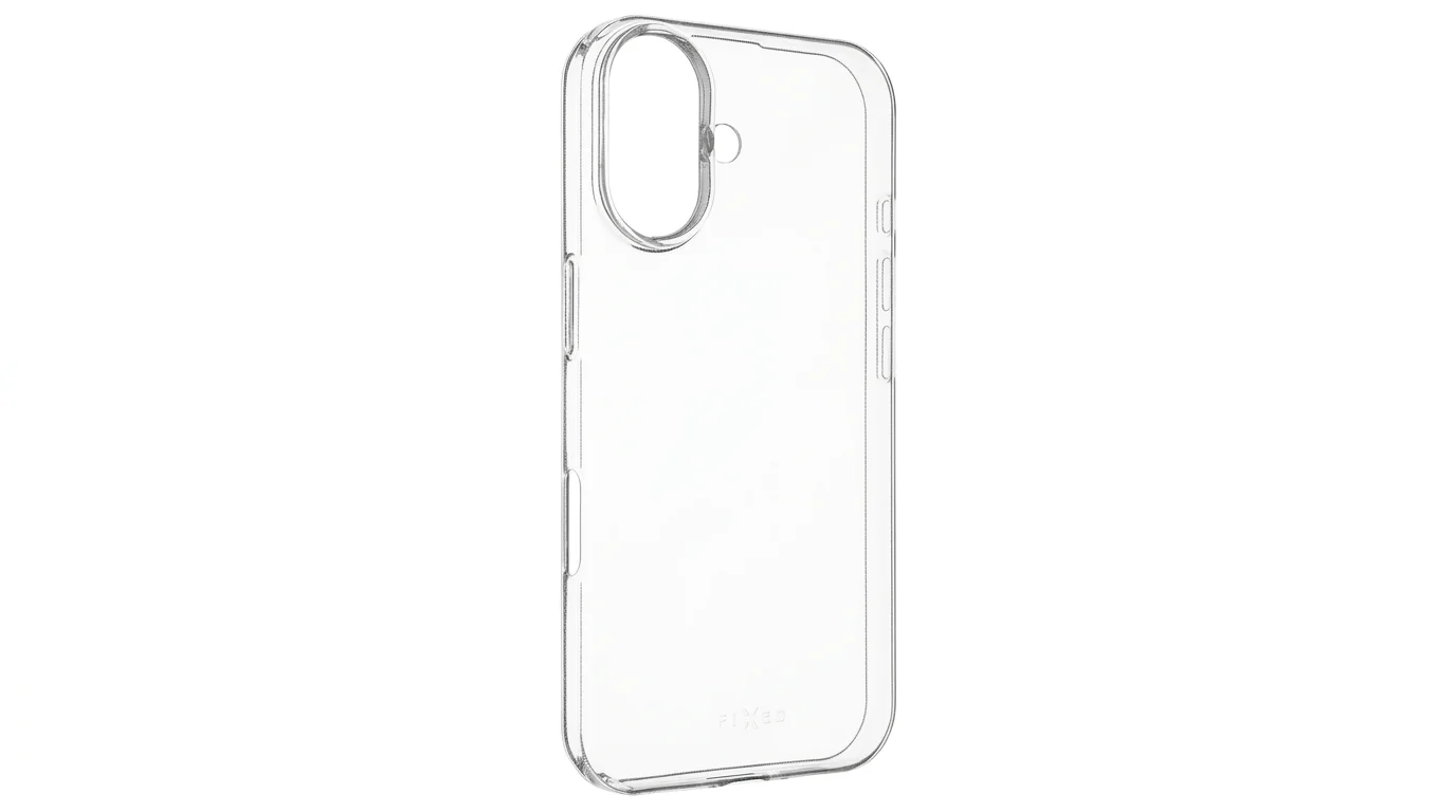 Průhledný zadní kryt FIXED Story Slim pro Apple iPhone 16 s přesnými výřezy pro fotoaparát a tlačítka.
