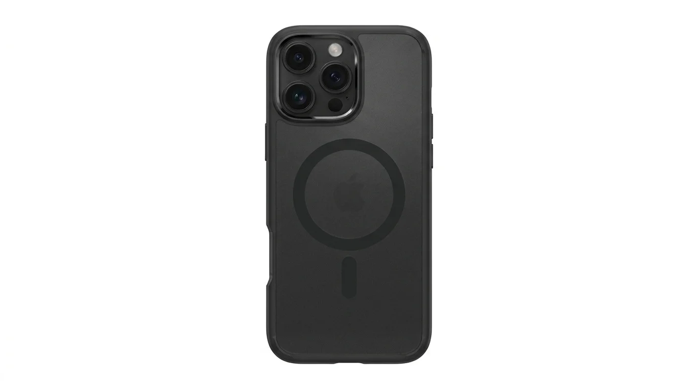 Zadní strana černého krytu Spigen Ultra Hybrid MagSafe na telefonu iPhone 16 Pro s magnetickým kroužkem a výřezem pro fotoaparát.